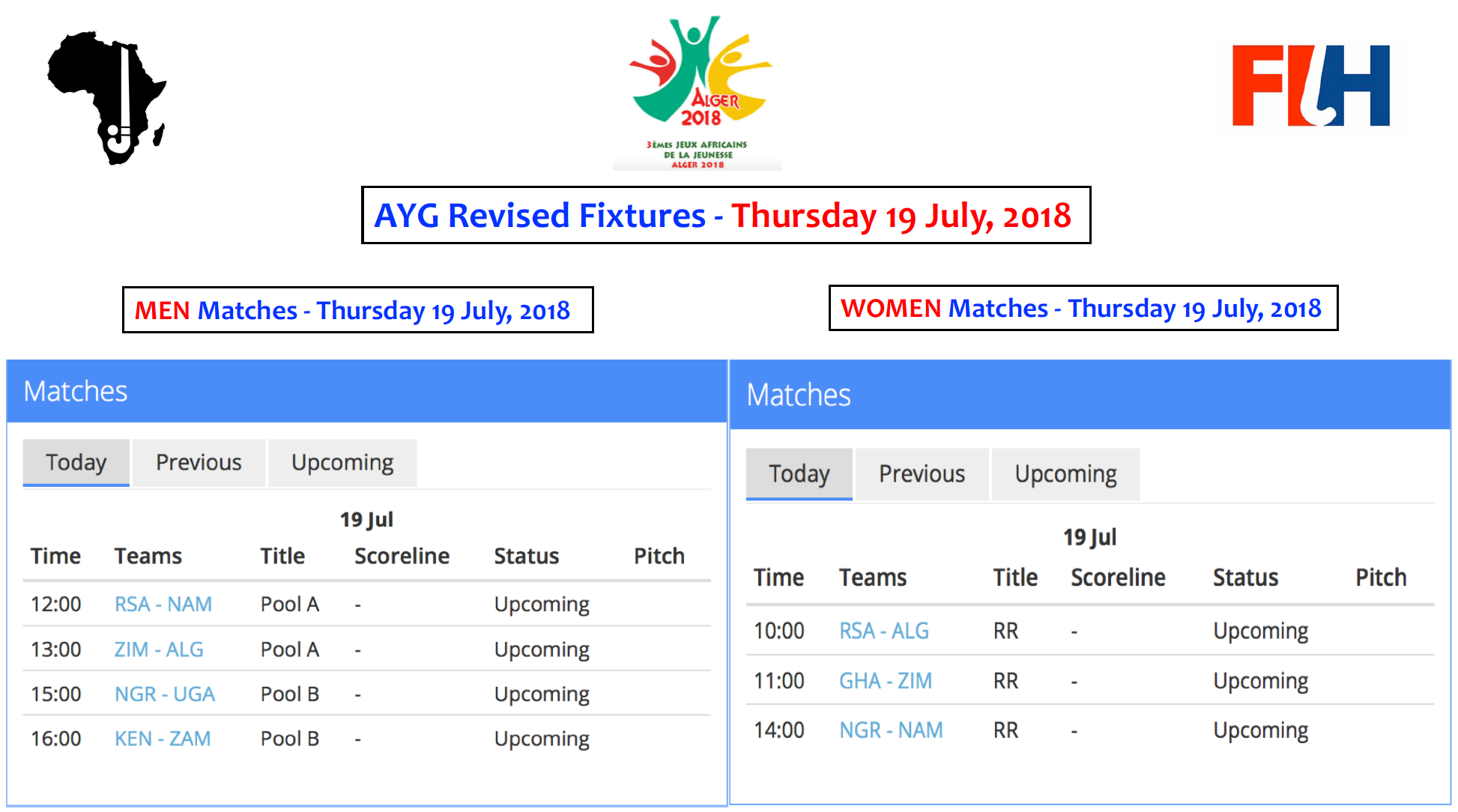 AYG Revised Fixtures - Thursday 19 July, 2018