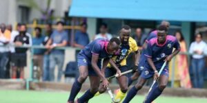 Western Jaguars player Collins Odongo (left) and Sheldon Kimtai (right) vie for the ball with Sikh Union’s Cliff Omari during their Kenya Hockey Union men’s Premier League match at the Sikh Union Club in Nairobi on Sunday