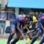 Western Jaguars player Collins Odongo (left) and Sheldon Kimtai (right) vie for the ball with Sikh Union’s Cliff Omari during their Kenya Hockey Union men’s Premier League match at the Sikh Union Club in Nairobi on Sunday